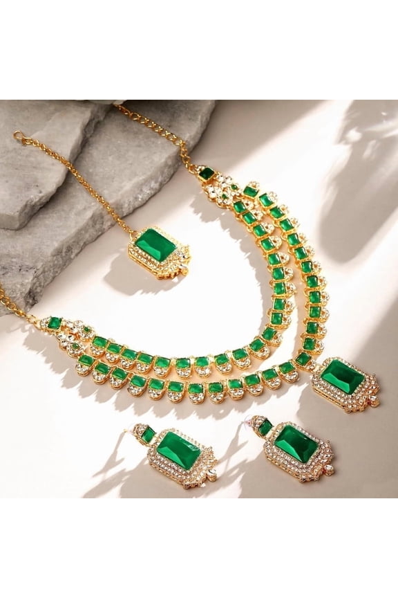 Women's Indian Gold Plated Jewelry Set, Bollywood Style Necklace Earrings Rhinestone Kundan Jewelry, Jewelry Set For Party, Wedding, Engagement & Festive Occasions