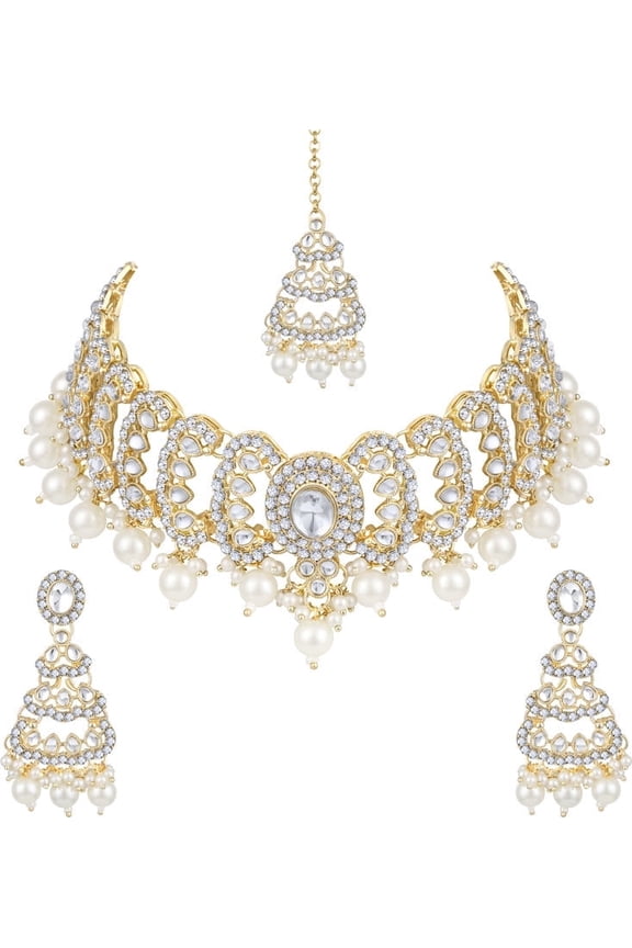Women's Indian Gold Plated Jewelry Set, Bollywood Style Necklace Earrings Rhinestone Kundan Resin Beads Stud Jewelry, Jewelry Set For Party, Wedding, Engagement & Festive Occasions
