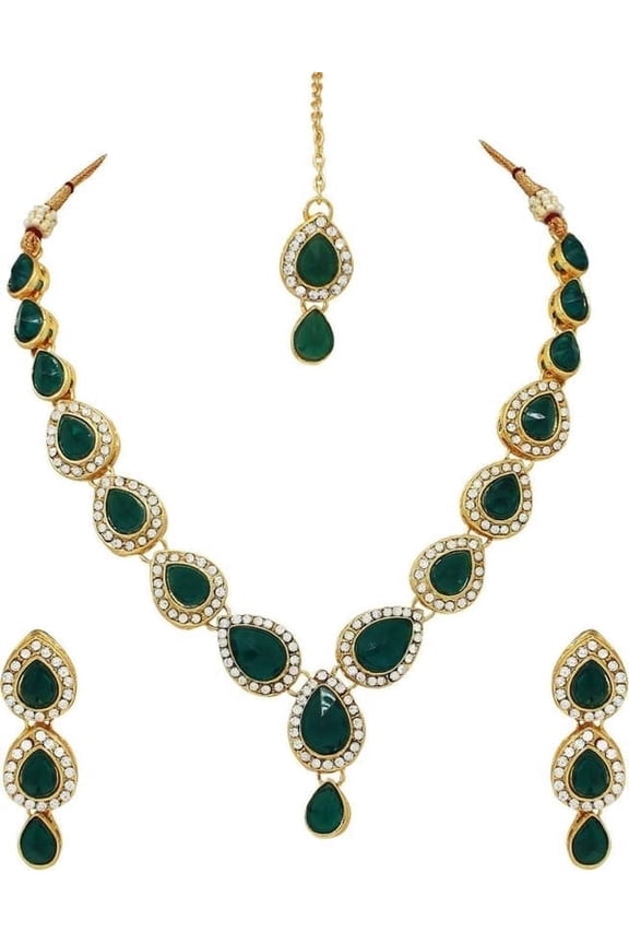 Women's Indian Gold Plated Jewelry Set,Bollywood Style Wedding & Bridal Wear Necklace Earrings Rhinestone Jewelry Set Green