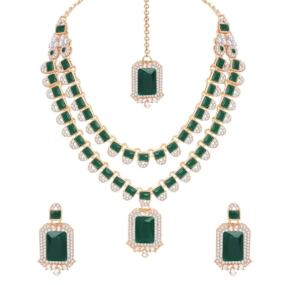 Parshwa Ratna Bollywood Style Green, Wedding Mixed Piece Jewelry Sets, Gold-Plated, Necklace Earrings, 3