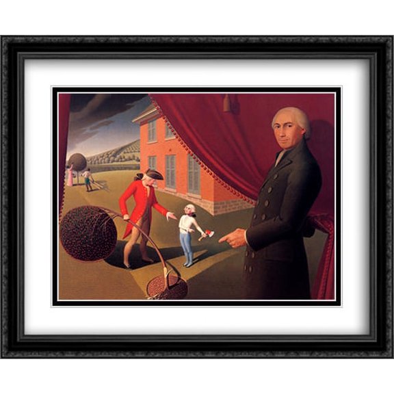 Parson Weem's Fable 2x Matted 34x28 Large Black Ornate Framed Art Print by Grant Wood