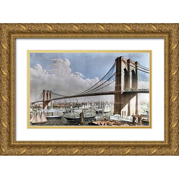 Parsons, Charles 18x13 Gold Ornate Wood Framed with Double Matting Museum Art Print Titled - Great East River Suspension Bridge NYC, Brooklyn, 1883