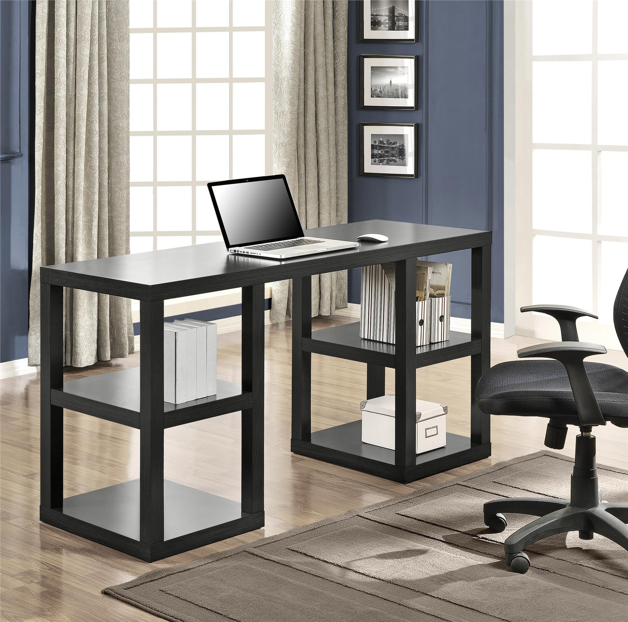 Black Wood Parsons Desk with Side Shelves