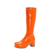 Part Go Go Boots for Women Knee High Block Heels Pull On Booties 70s 80s Zipper Club Metallic Wet Look Gogo Boots