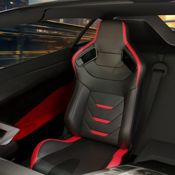 This Is Only a Part of the Product, 2PC Universal Bucket Racing Seats Red Stitch Red PVC Leather Reclinable Carbon Look Leather Back With Adjustor Slider(Not Including Seat Bracket ) 1 box of 2 piece