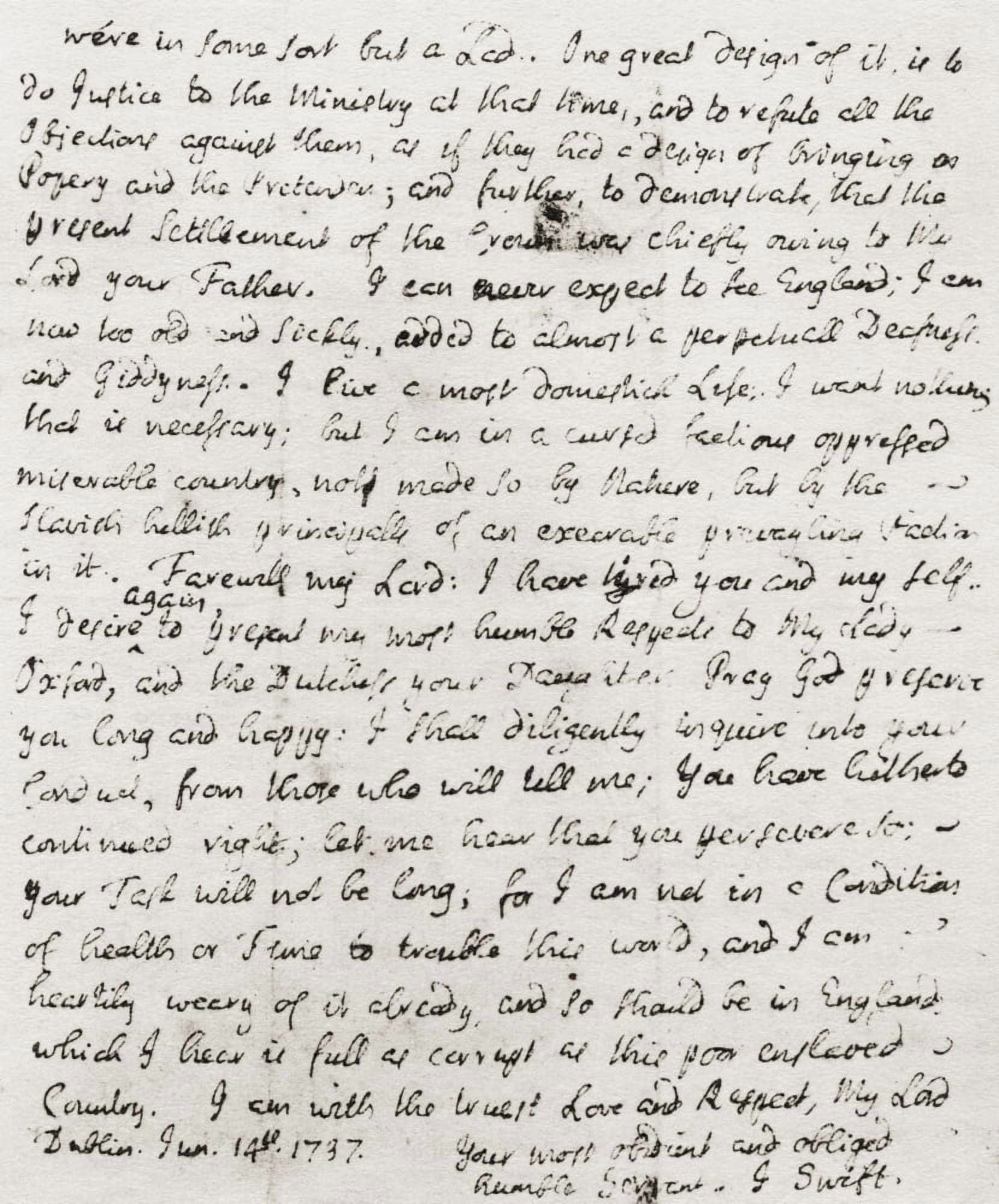Part of a letter dated 14 June 1737 from Jonathan Swift to Robert Walpole 2nd Earl of Orford Jonathan Swift 1667 Canvas Art - Ken Welsh Design Pics (12 x 15)
