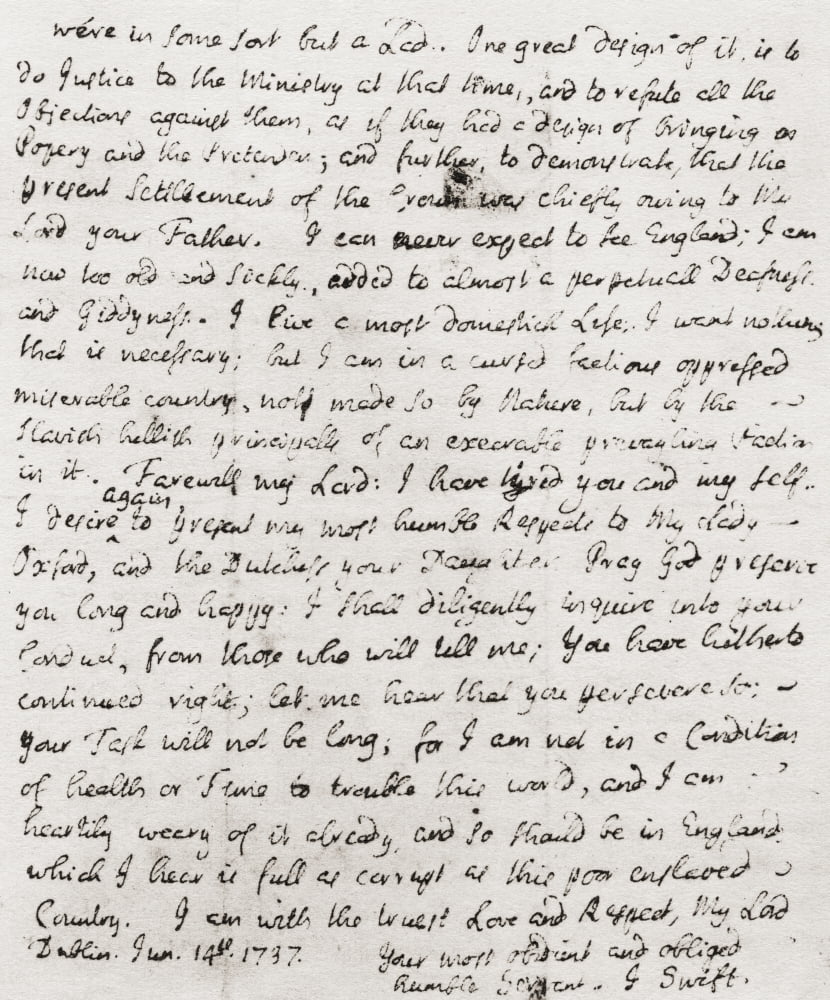 Part of a letter dated 14 June 1737 from Jonathan Swift to Robert Walpole 2nd Earl of Orford Jonathan Swift 1667 Canvas Art - Ken Welsh Design Pics (24 x 30)