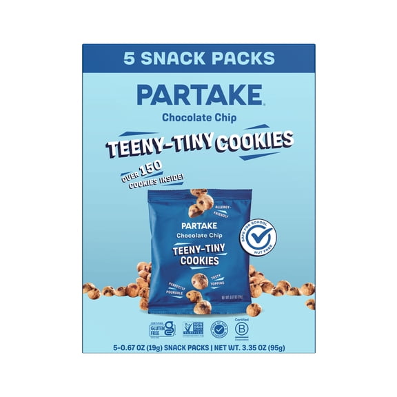 Partake Teeny Tiny Chocolate Chip Cookies, Vegan & Gluten-Free, Shelf-Stable, 5 Pack, Baked Snack