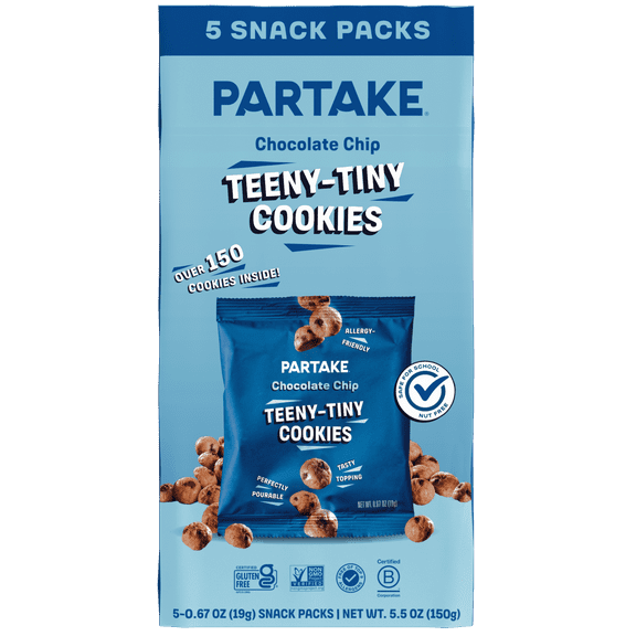 Partake Teeny Tiny Chocolate Chip Cookies, Vegan & Gluten-Free, Shelf-Stable, Baked, 0.67oz, 5 pack