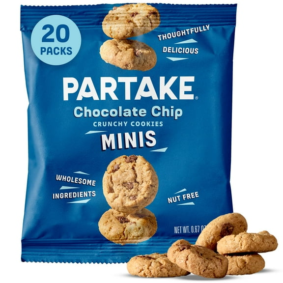 Partake Foods Gluten Free Crunchy Chocolate Chip Cookies - Vegan - Free From the Top 9 Allergens Including Dairy, Wheat, Soy, Eggs, & Peanuts - Safe School & Office Snack (20 Packs, 0.67 oz)