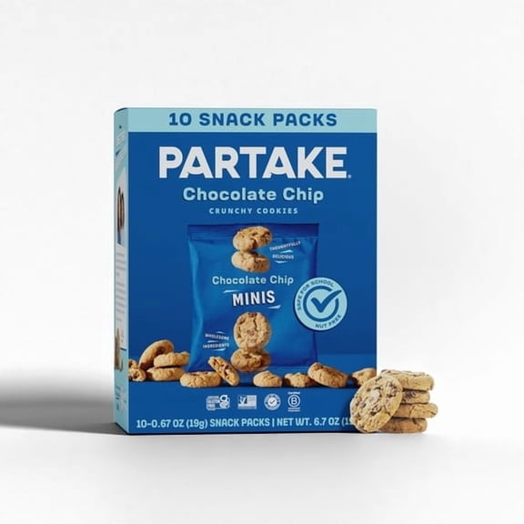 Partake Mini Crunchy Chocolate Chip Cookie Snack Packs, Vegan & Gluten-Free, Shelf-Stable, Baked, Pack of 10