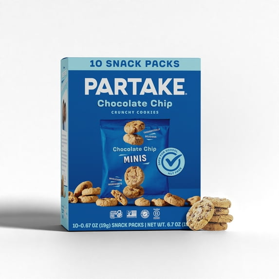 Partake Mini Crunchy Chocolate Chip Cookie Snack Packs, Vegan & Gluten-Free, Shelf-Stable, Baked, Pack of 10