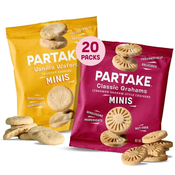 Gluten Free Partake Mini Graham Cracker & Vanilla Wafer Snack Packs - Vegan & Dairy Free Cookies - Lunch Box Snacks - Allergy Friendly Snacks - Safe School Snack for Kids - 20 Pack