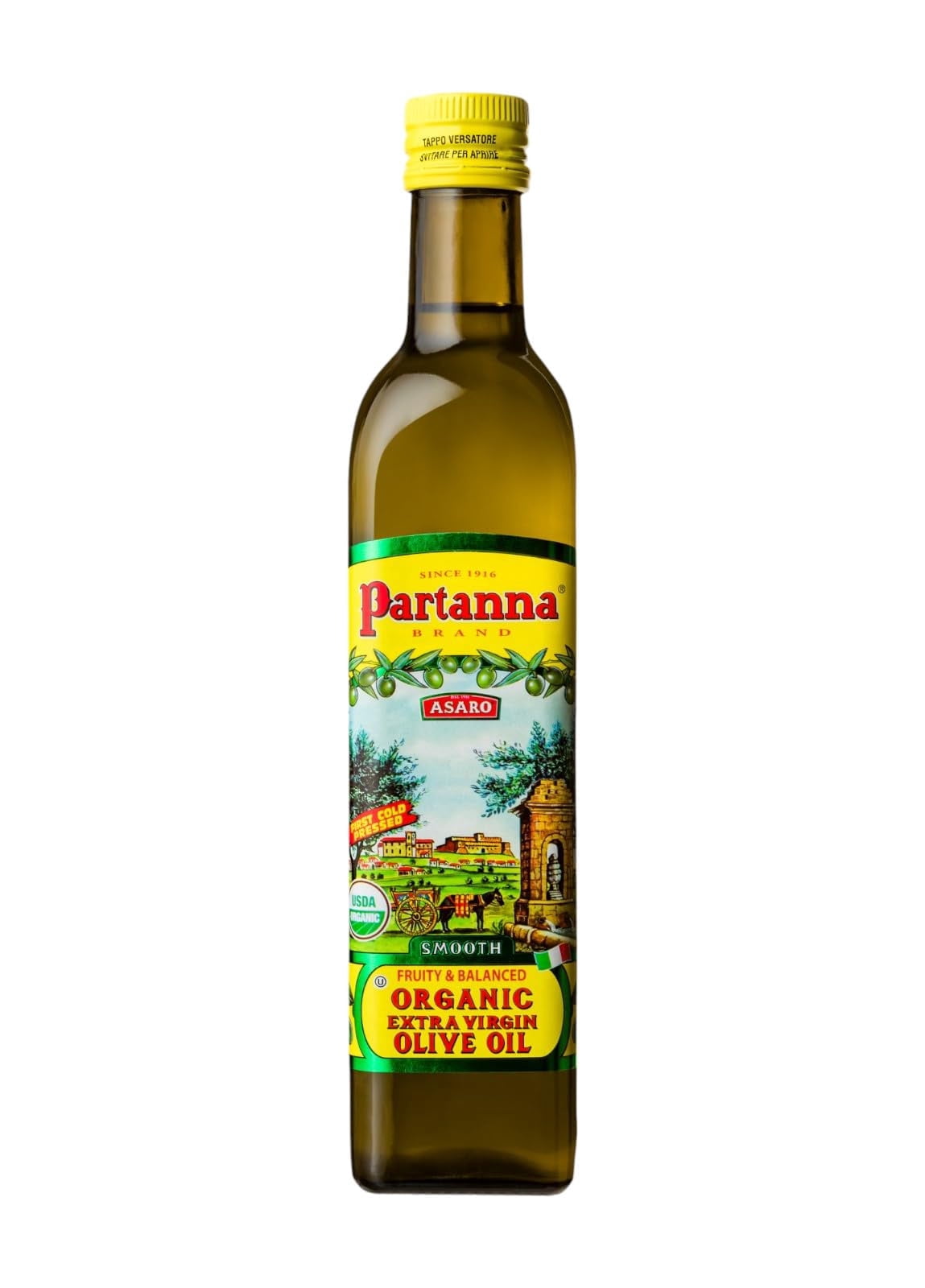 Partanna Organic Extra Virgin Olive Oil - Premium 100% Castelvetrano Oil - High Polyphenol - First Cold Pressed - Early Harvest in Sicily-Award Winning Italian EVOO-Monovarietal-16.9 oz -500ML-Glass