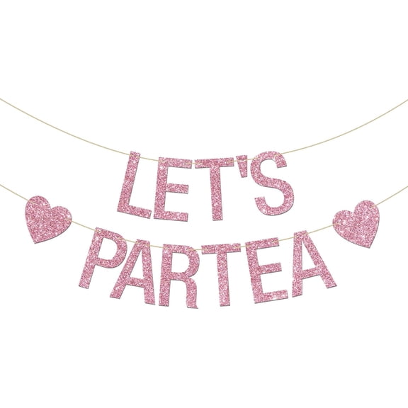 Let's Partea Banner for Girls Women, Tea Time Party Hanging Bunting, Wedding Birthday Engagement Bachelorette Party Decoration Supplies Banner, Pink Glitter
