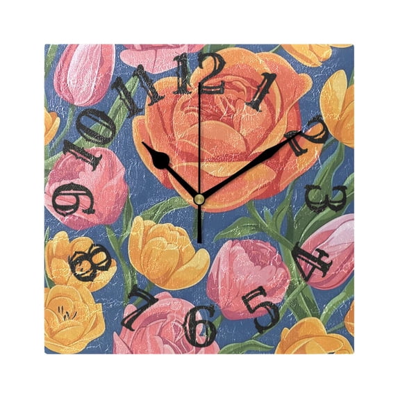 Partern Flowers Wall Clock Square Silent Non Ticking Battery Operated Clock for Home Bathroom Kitchen Bedroom Living Room