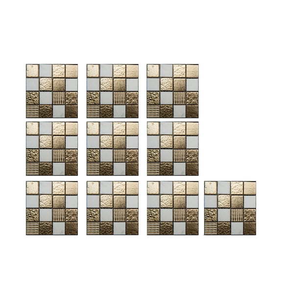 Partheme 10Pcs 3D Wall Stickers, 4 x 4 inch Square Mosaic Tile Wallpaper Self-Adhesive PVC Waterproof for Kitchen Bathroom Wall DIY Crafts, As shown