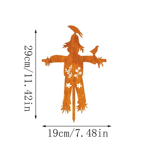 Partheme 11x7 Inch Metal Scarecrow Garden Stake, Rusted Outdoor Yard Art Decor for Patio Fall Halloween Display, Resin Coated Farmhouse Ornament for Lawn Flower Bed Seasonal Decoration, S