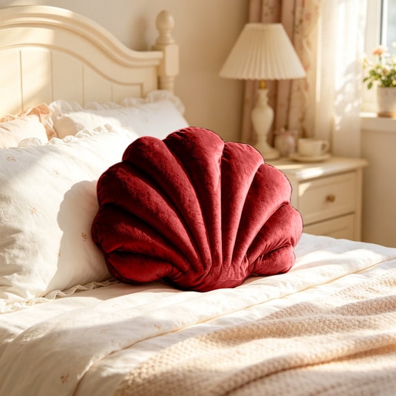 Partheme 15x11 inch Soft Velvet Seashell Throw Pillow,Lint Free Shell Shape Cushion Decorative Accent for Sofa Couch Bed Living Room.Mother’s Day Coastal Gift and Beach House Decor Essential, Wine