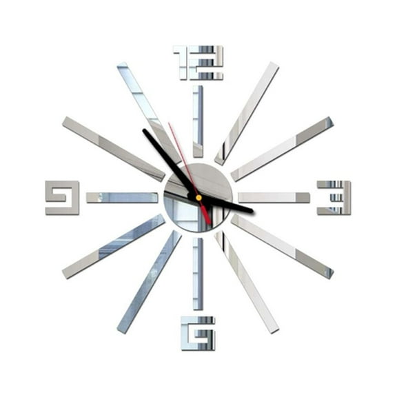 Partheme 16 Inch DIY Roman Numbers Acrylic Mirror Wall Sticker Clock, Silent Sweep Movement Customizable Shape, Home Decor Mural Decals for Living Room Bedroom Office, Silver