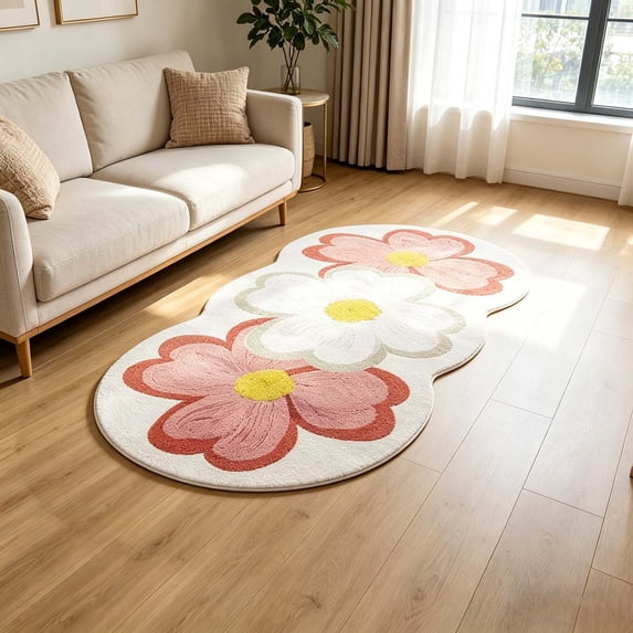 Partheme 16x47 in Aesthetic Cute Flower Round Area Rug Non Slip Circle Soft Fluffy Flower Rug Indoor Floor Mat Carpet for Girls Bedroom Bathroom Living Room Sofa Nursery Decor, Pink
