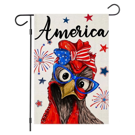 Partheme 18x12 Inch Independence Day Garden Flag, Digital Printed Polyester Outdoor Yard Decoration, Flamingo Skeleton Rooster Patriotic Pattern for 4th of July Porch Decor, C
