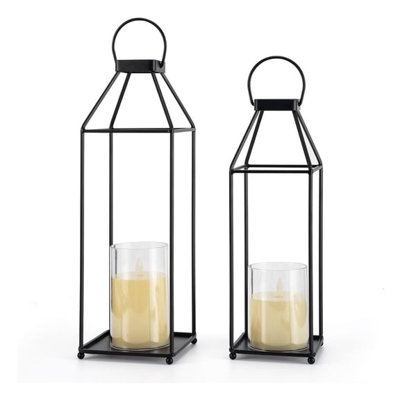 Partheme 2 Pack Farmhouse Lantern Decor with LED Flickering Flameless Candles - Black Metal Lanterns Decorative for Home Decor, Fireplace Mantle or Table Centerpiece,Halloween Lantern Decor,As shown