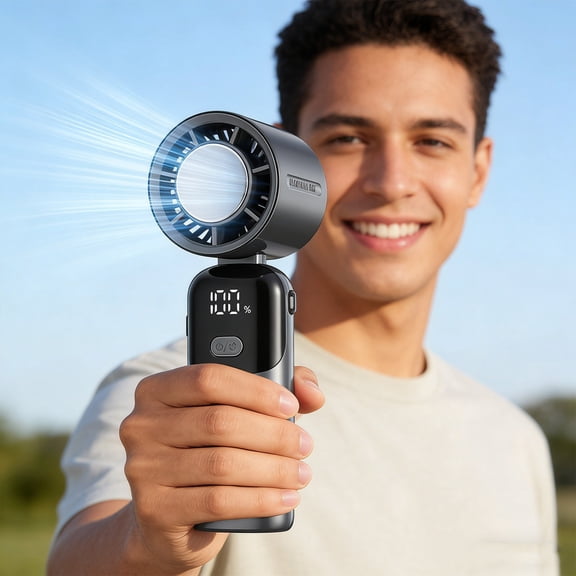 Partheme 2026 Model Handheld Fan Mini Powerful Wind Digital Display, Long Range Battery Powered Portable Outdoor Forceful USB Fan, Black