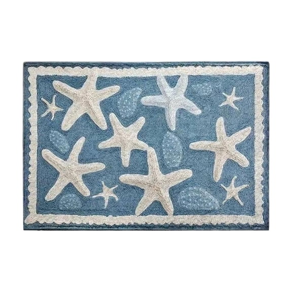 Partheme 24x16 in Starfish Seashell Bath Mat Ocean Sea Theme, Soft and Absorbent Blue Bathroom Rugs Non-Slip Washable Beach Door Mat for Kitchen Bedroom Laundry Entryway Decor , E