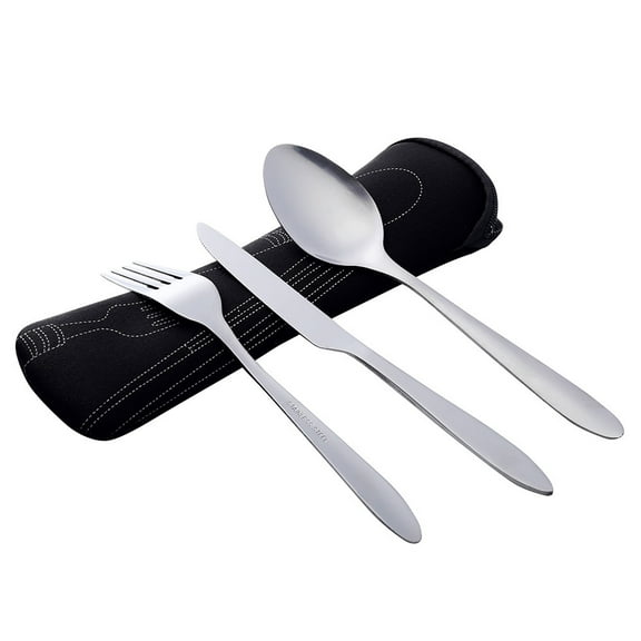 Partheme 3 Pack Camping Silverware Set, Knife Fork Spoon Stainless Steel with Carrying Case Rustproof Tableware Flatware for Traveling Picnic Working Hiking, Black