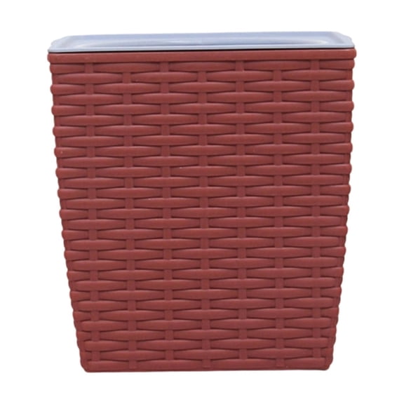 Partheme 5x5x4 Inch Medium Square Plastic Planter with Faux Rattan Texture and Self Watering Pot, for Home Decor Green Plants Succulents, Includes Drainage Tray, Brown