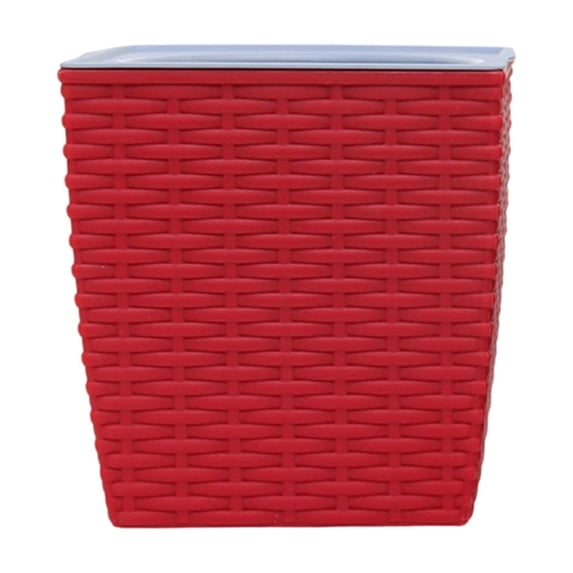 Partheme 5x5x4 Inch Medium Square Plastic Planter with Faux Rattan Texture and Self Watering Pot, for Home Decor Green Plants Succulents, Includes Drainage Tray, Red