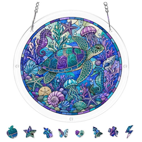 Partheme 7.4 Inch Round Acrylic Puzzle Suncatcher Window Hanging, 83 Piece Stained Glass DIY Assembly, Colorful Light Reflection with Chain for Patio Balcony Housewarming Gift, F