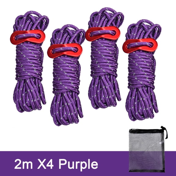 Partheme 79in High-Reflective Guy Lines 4mm Tent Cords High-Strength Lightweight Camp Ropes with Aluminum Adjuster Tensioner for Tent, Tying Down Tarps, Camping, Outdoor Packaging, Purple