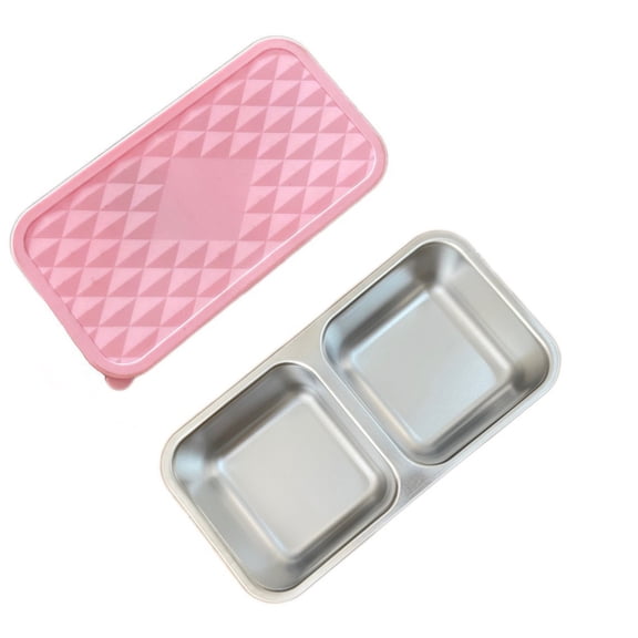 Partheme 8x4x2in Stainless Steel Snack Container Reusable Metal Box, with Silicone Lid 2 Compartment Stackable Toddler Lunch Box, Pink
