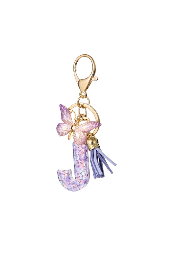 Alphabet Initial Letter Keychain for Women Aesthetic Alphabet Tassel Butterfly Keychain for Car Key Purse Handbags Backpack , J