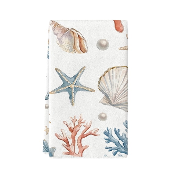 Partheme Beach Kitchen Towels Ocean Coastal Hand Towel Sea Theme Nautical Starfish Shells Tea Dishcloths Seahorse Dish Cloths for Home Kitchen Bathroom Gifts , A