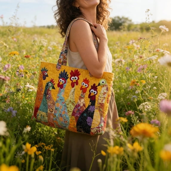 Partheme Colorful Quilted Chicken Tote Bag, Whimsical Rooster Patchwork Shoulder Bag for Women, Large Handbag for Market Beach Everyday Use, C