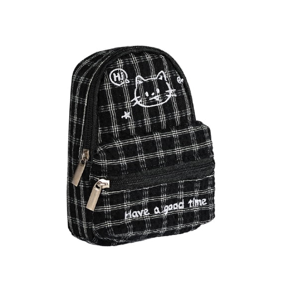 Partheme Cute Plaid Cat Print Coin Purse, Mini Wallet for Change Keys, Portable Keychain Pouch for Backpack, Stylish Small Bag for Men Women Everyday Decoration, Black