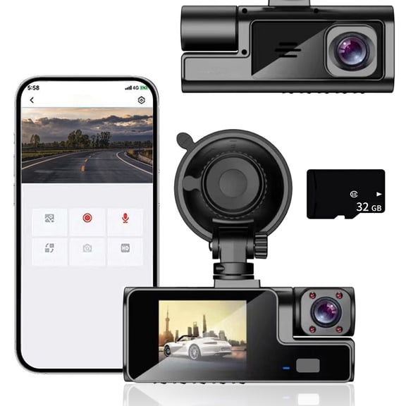 Partheme Dash Cam Front and Inside 1080P FHD with Infrared Night Vision, 140 Degree Wide Angle, 24H Parking Monitor, Loop Recording APP Control, 16/32GB Card for Car Security, B