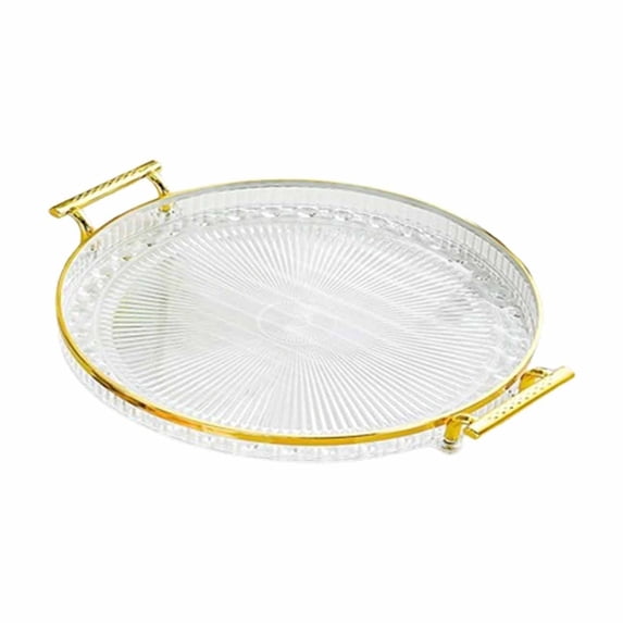 Partheme Elegant Round Serving Tray with Gold Handles, Decorative Dessert Fruit Snack Display Tray for Coffee Table, Kitchen, Dining Room & Home Decor, Clear