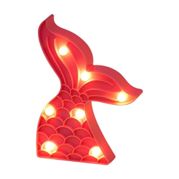 Partheme Fish Tail LED Marquee Night Light with Warm White Bulbs, Cute Mermaid Shaped Desk Lamp Battery Operated for Youth Bedroom Party, Wall Decor, Red