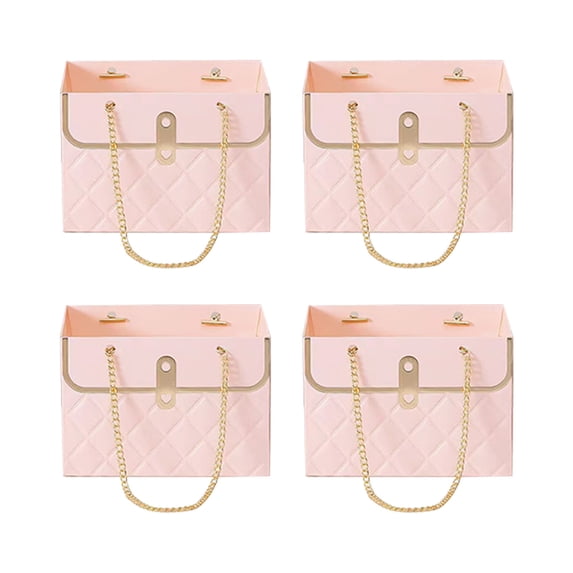 Partheme Flower Paper Gift Box with Metal Chain, Bouquet Storage Bucket for Wedding Party, Flower Shop Handbag, Rustic Kraft Gift Container for Fathers Day Gifts, Pink