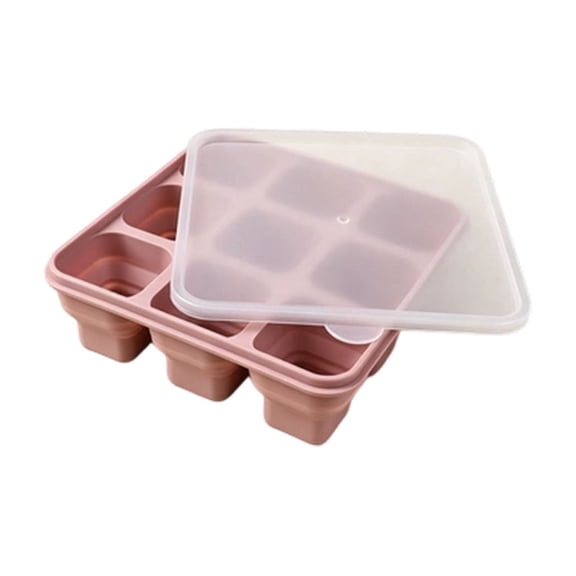 Partheme Foldable Silicone Ice Block Tray with Airtight Lid and Stackable Design, 9 Lattice Effortless Release Ice Mold for Freezer Whiskey Cocktails, Pink