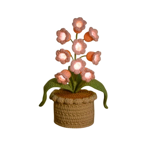 Partheme Hand Crocheted 9 Head Lily of The Valley Potted Plant with LED Lights, Milk Cotton Yarn Desktop Ornament for Home Office, Soft Craft Decor, Pink