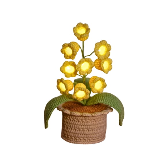 Partheme Hand Crocheted 9 Head Lily of The Valley Potted Plant with LED Lights, Milk Cotton Yarn Desktop Ornament for Home Office, Soft Craft Decor, Yellow