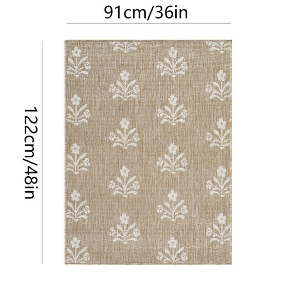Partheme House Outdoor Rug, Washable Beige Floral Boho Print, Weather Resistant UV Protected Fade Proof, Flatweave Easy Clean Hose Down, Soft Underfoot for Patio Deck Living Room Entryway, S