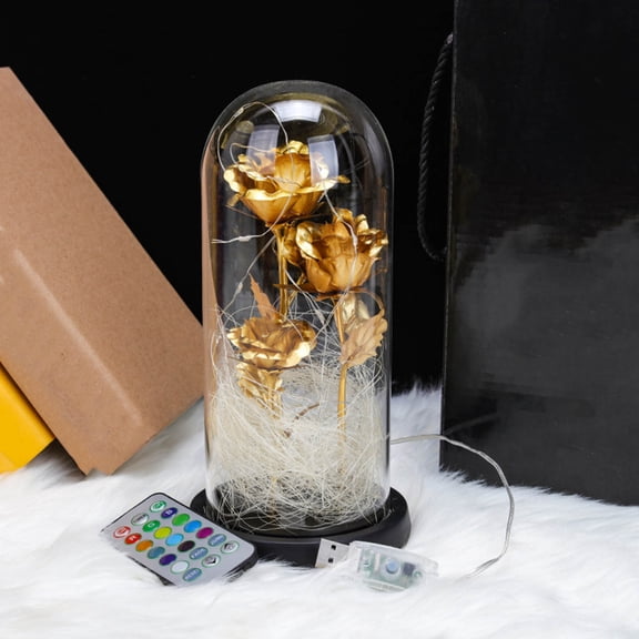Partheme LED Light Eternal Flower in Glass Dome Flower Night Light , Romantic Home Office Desktop Decor , Perfect Birthday/Christmas/Valentine's Day for Women Mom Wife Grandma Her, Gold