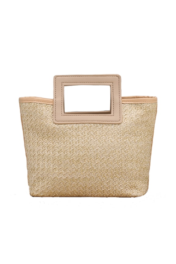 Large Capacity Straw Woven Tote Bag, Square Handle Handbag for Beach Travel Daily Use, Khaki White Black, Plastic Woven, Khaki