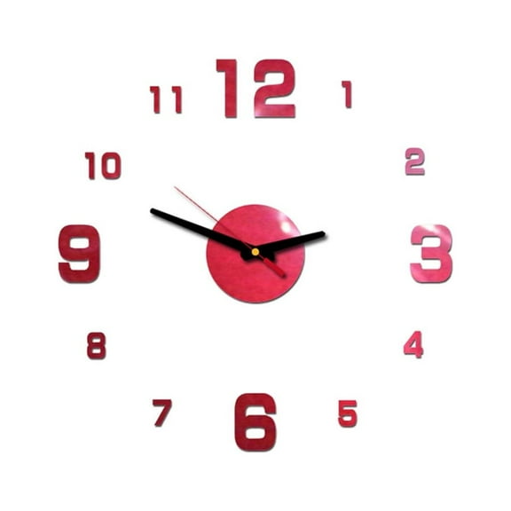 Partheme Large DIY Wall Clock Kit, 3D Frameless Wall Clock with Mirror Number Stickers for Home Living Room Bedroom Office Decoration, Red